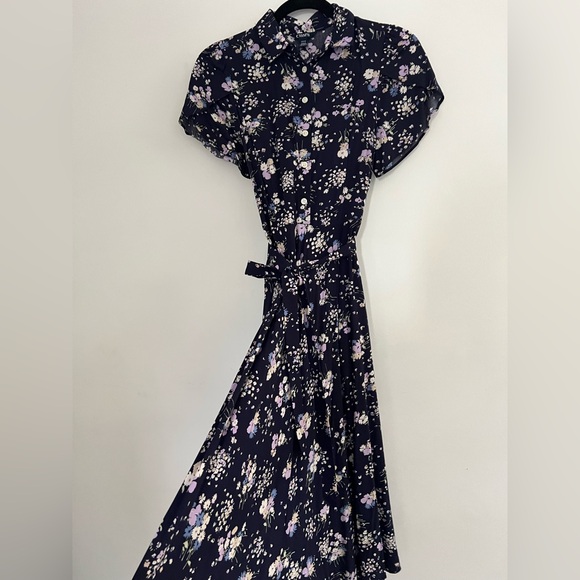 Chaps Ralph Lauren Women's Dress Sz S Floral Blue Short Sleeve Belted Side Zip - Picture 1 of 9